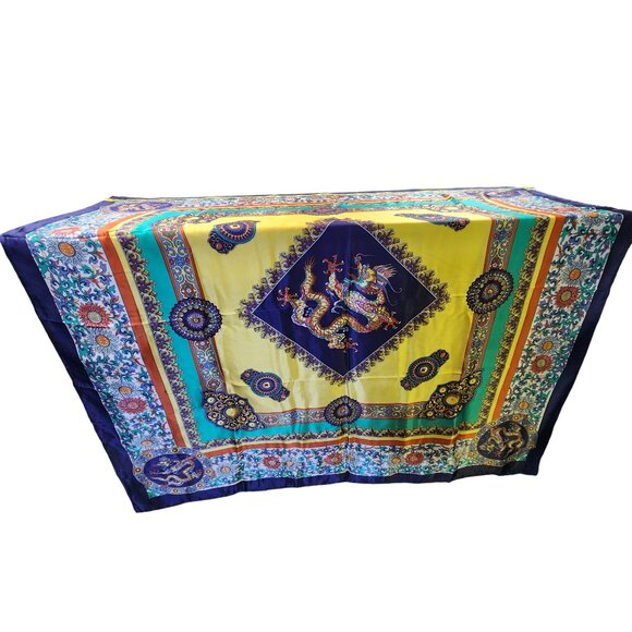 VTG Tongyu 100% Silk Scarf 42x42 Hand Rolled Hem Chinese Dragon Motif Multicolor - Picture 5 of 15